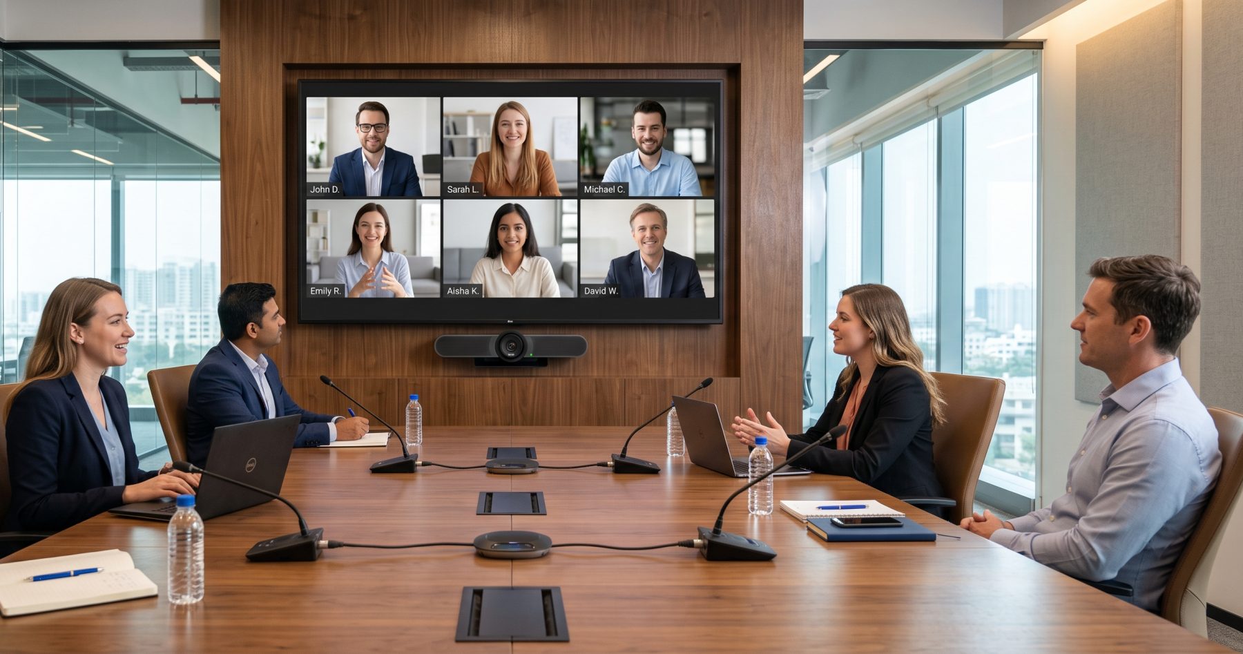 Video conferencing meeting room with a large display